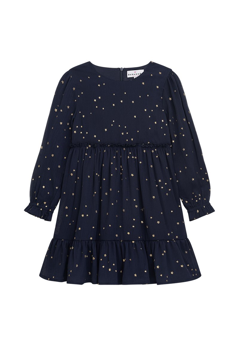 Marineblaues Kleid mit gerafftem Taillenbund, langen Ärmeln und ausgestelltem Rock. Verfügt über goldene Sterne-Muster und einen Reißverschluss auf der Rückseite.