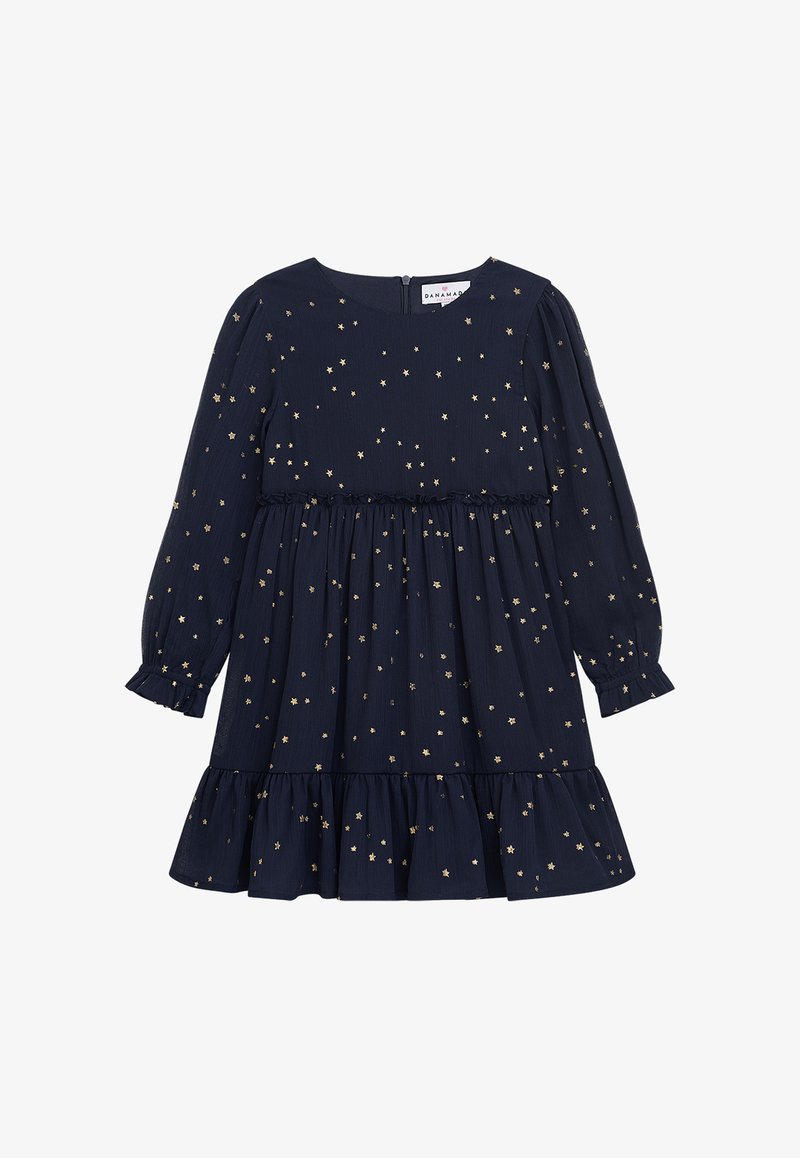 Marineblaues Kleid mit gerafftem Taillenbund, langen Ärmeln und ausgestelltem Rock. Verfügt über goldene Sterne-Muster und einen Reißverschluss auf der Rückseite.