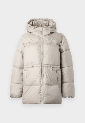 Puffermantel in hellem Beige mit Kapuze, ausgestattet mit einem Reißverschluss, elastischem Kordelzug in der Taille und gestepptem Muster für Isolierung.