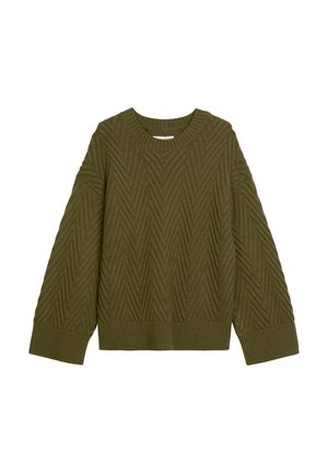 Maglione lavorato a maglia verde oliva con un motivo a zig-zag testurizzato, scollo rotondo e polsini e orlo a costine. Adatto per un abbigliamento informale.