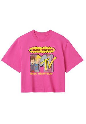 Rosa Baumwoll-T-Shirt mit einem grafischen Druck von Cartoon-Charakteren und dem Text "TV MUSIC TELEVISION" in fettgelben und schwarzen Akzenten.