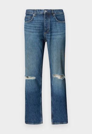 Blå rette jeans med distressed revner på begge knær, knappelukking foran og fem-lommedesign.