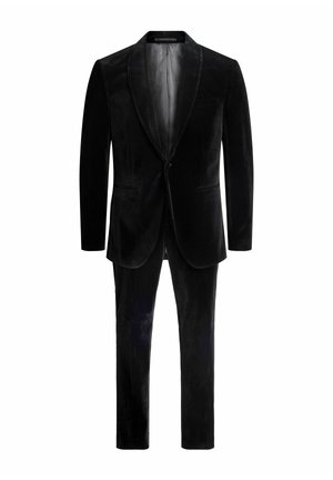 Schwarzer Samtanzug mit Ein-Knopf-Verschluss, Revers mit Kerbklappen und zwei Seitentaschen. Die Hose hat gerade Beine und denselben Stoff.