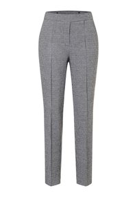 Grijs en witte houndstooth patroon op maat gemaakte broeken met voorplooien en een hoge taille.