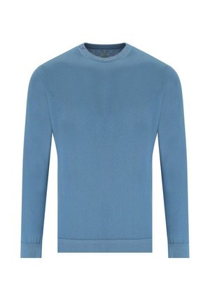 Maglione lavorato a maglia di colore azzurro chiaro con colletto rotondo, maniche lunghe e polsini e orlo a coste. Tessuto liscio senza motivi o accenti.