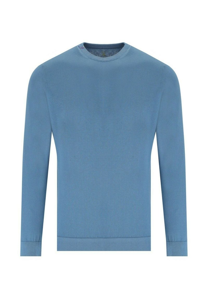 Maglione lavorato a maglia di colore azzurro chiaro con colletto rotondo, maniche lunghe e polsini e orlo a coste. Tessuto liscio senza motivi o accenti.