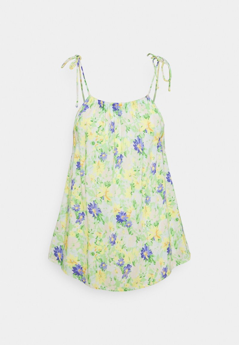 Robe sans manches à fleurs avec des fleurs jaunes et violettes, des feuilles vertes, et des bretelles ajustables à nouer sur un fond clair.