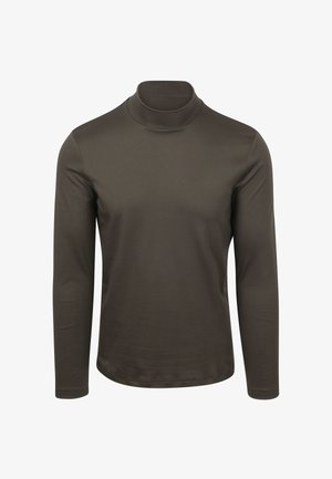 Brown long-sleeve turtleneck made of smooth stretch fabric, featuring a fitted cut and minimal seam detailing.