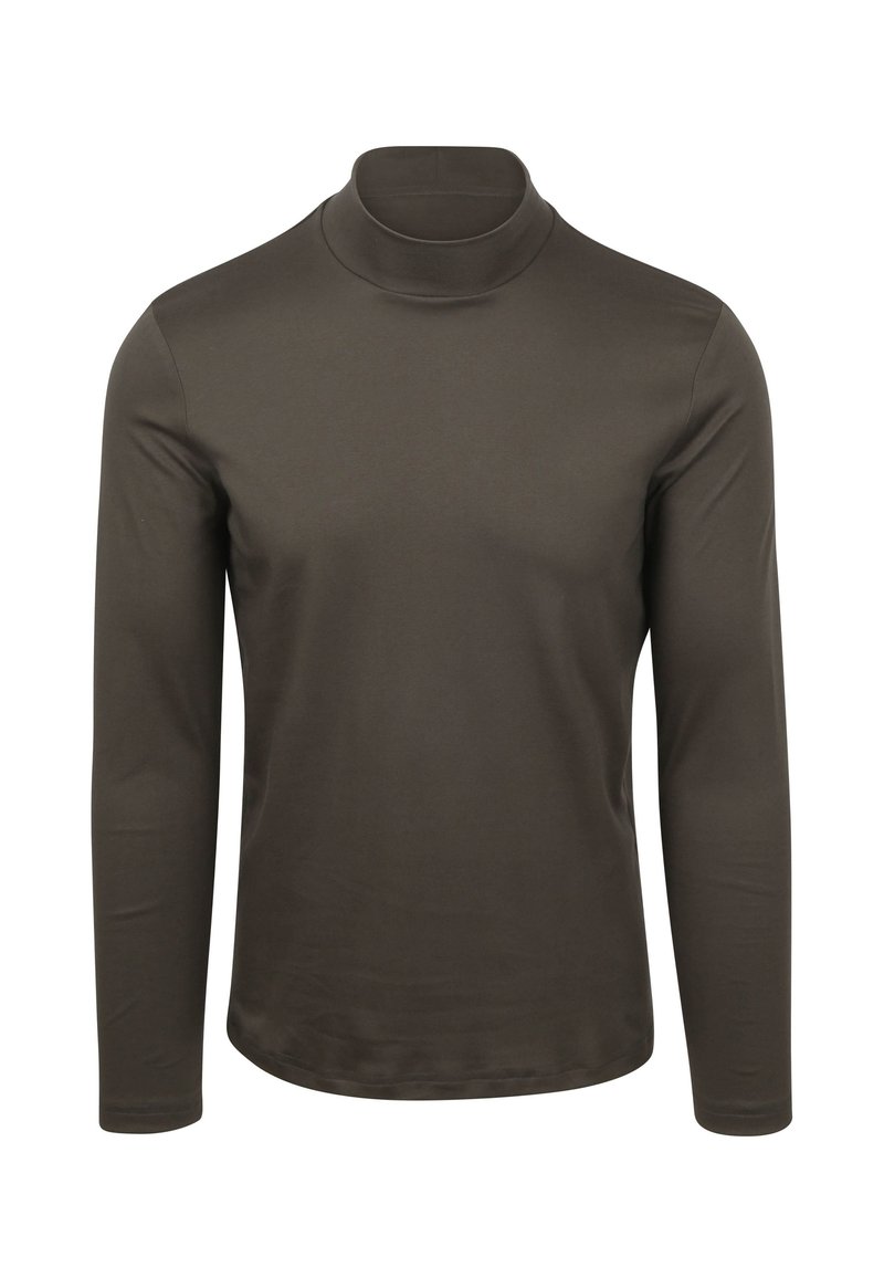 Bruine lange mouw coltrui van gladde stretchstof, met een getailleerde snit en minimale stikdetails.