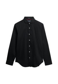 Zwarte langemouwen shirt van katoen, met een puntige kraag, knoopsluiting en een gebogen zoom. Opvallende witte knopen en logodetail.