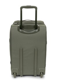 Valigia verde oliva con ruote, manico retrattile, esterno in tessuto robusto, strisce rinforzate e ruote lisce e resistenti per una facile mobilità.