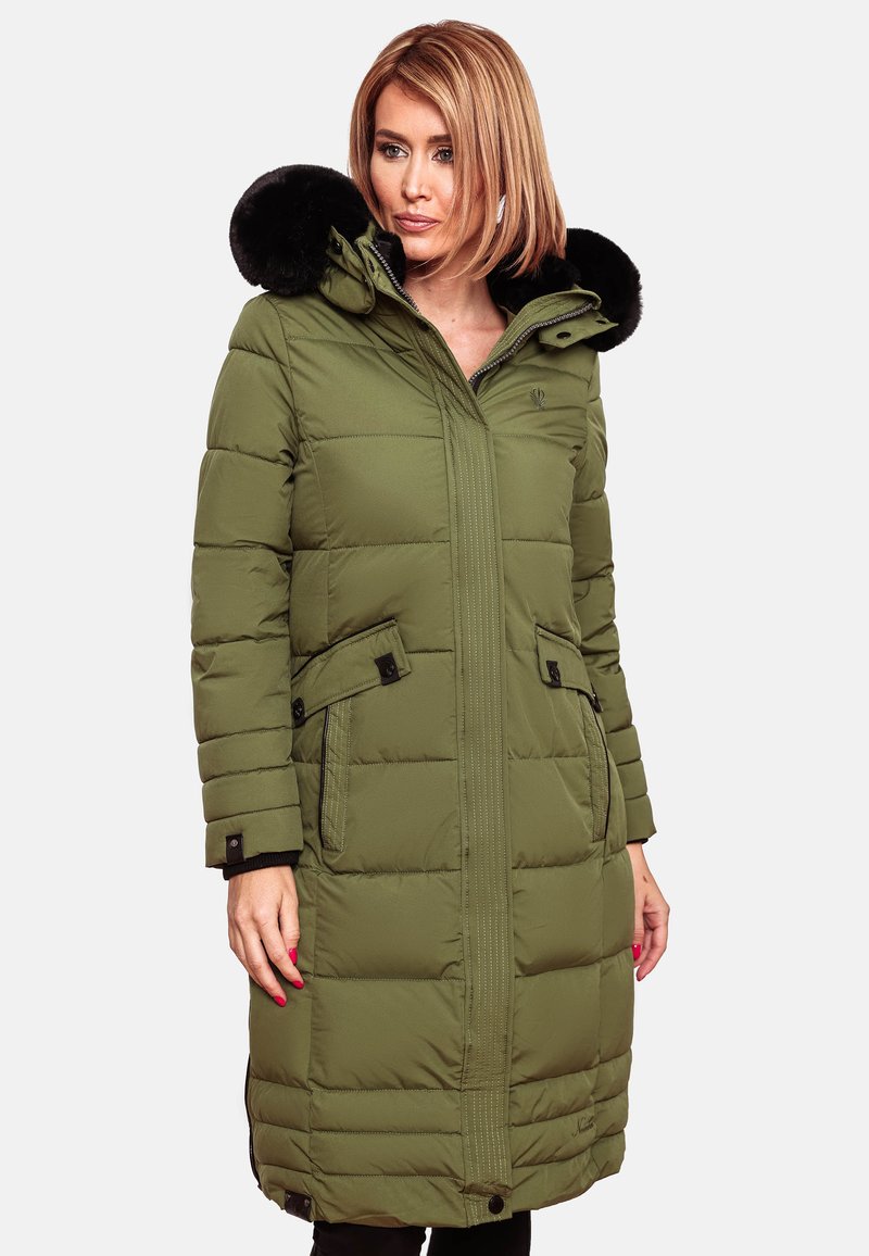 Long olive green puffer coat with a fur-trimmed hood, zipper front, and snap-button pockets. Features quilted texture and ribbed cuffs.