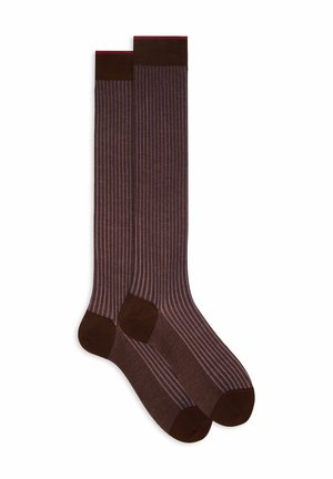 Brown striped knee-high socks featuring light blue vertical stripes, a solid brown cuff, and a reinforced toe and heel for durability.