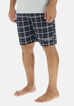 Shorts de bain pour hommes en bleu marine avec un motif à carreaux en blanc et bleu. Fabriqués à partir d'un matériau léger. Dotés d'une taille élastique et d'un logo de marque.