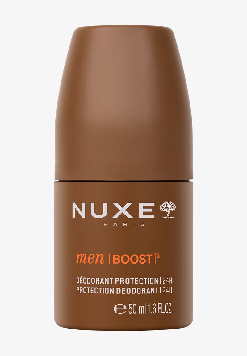 Conteneur de déodorant cylindrique marron avec une finition mate. Avec un texte blanc et orange, y compris le nom de la marque et du produit. Capacité de 50 ml.