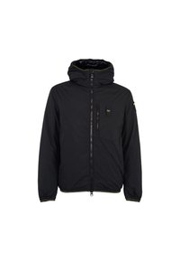 Giacca nera imbottita con cappuccio, chiusura frontale con zip e tasca sul petto. Presenta accenti gialli, polsini elasticizzati e una texture liscia.