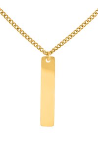 Collana d'oro con un pendente rettangolare lucido, caratterizzato da una superficie liscia e attaccato a una delicata catena con un design a spirale.