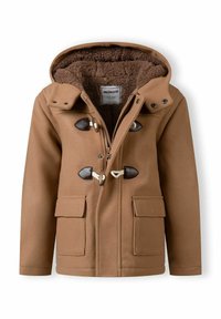 Brun duffelfrakke med en plyssforing, toggles ved lukningerne og to forlommer. Har hætte og struktureret stof med en blød finish.