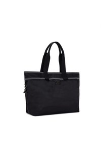 Borsa tote nera realizzata in materiale resistente. Presenta due manici, cuciture a contrasto e una chiusura a bottone con un charm decorativo.