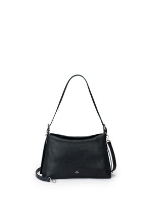 Black textured leather shoulder bag with detachable strap, silver hardware, and small logo on front center.