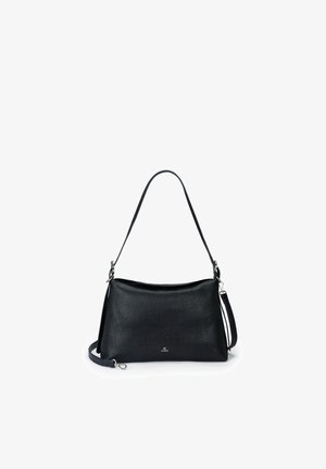 Black textured leather shoulder bag with detachable strap, silver hardware, and small logo on front center.