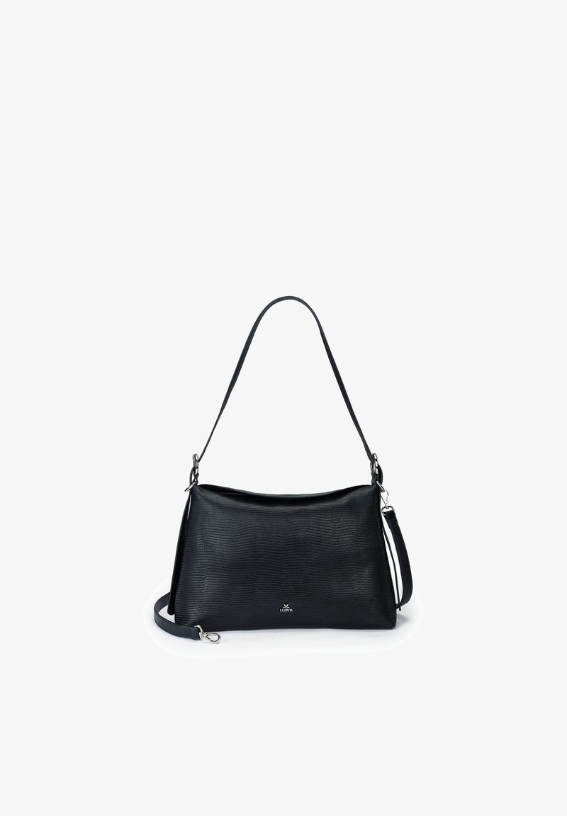 Black textured leather shoulder bag with detachable strap, silver hardware, and small logo on front center.