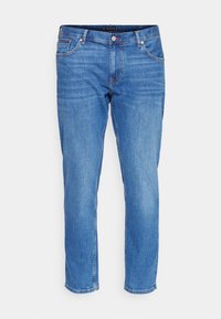Blå denimjeans med rak bendesign, med dragkedja, fem fickor och kontrasterande sömmar.