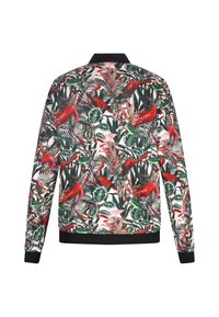 Giacca bomber floreale con una vivace stampa di uccelli tropicali rossi e verdi su sfondo bianco, con polsini e colletto a coste neri.