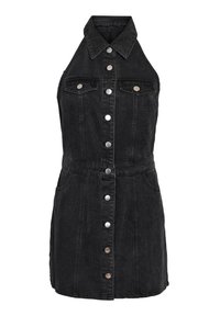 Zwarte denim jurk met halternek, knoopsluiting aan de voorkant, twee borstzakken en een aangesloten taille. Soepele textuur en casual ontwerp.