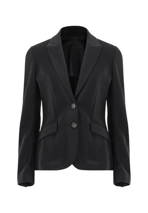 Schwarzer Blazer aus strukturiertem Stoff, mit zwei Fronttaschen, zwei Knöpfen und einem Reverskragen. Bietet eine taillierte Passform und eine strukturierte Silhouette.