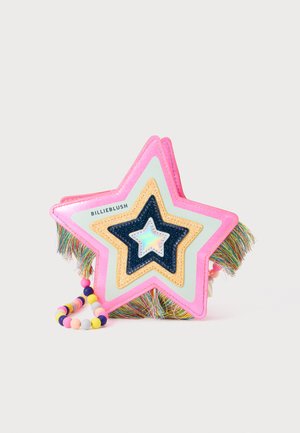 Sac en forme d'étoile avec des franges multicolores. Comprend des couches de matériaux rose, bleu, doré et irisé. Sangle perlée. Marque : Billieblush.
