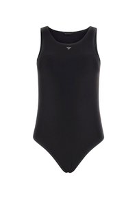 Bañador negro de una sola pieza con escote en forma de U, hecho de una tela suave, que presenta un pequeño logo en el pecho y se ajusta bien en las caderas.