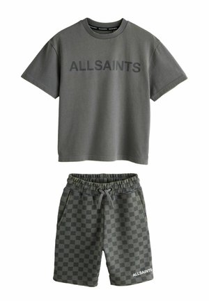 Dark gray cotton T-shirt with "ALLSAINTS" print and matching checkered drawstring shorts with side pockets and white "ALLSAINTS" logo.