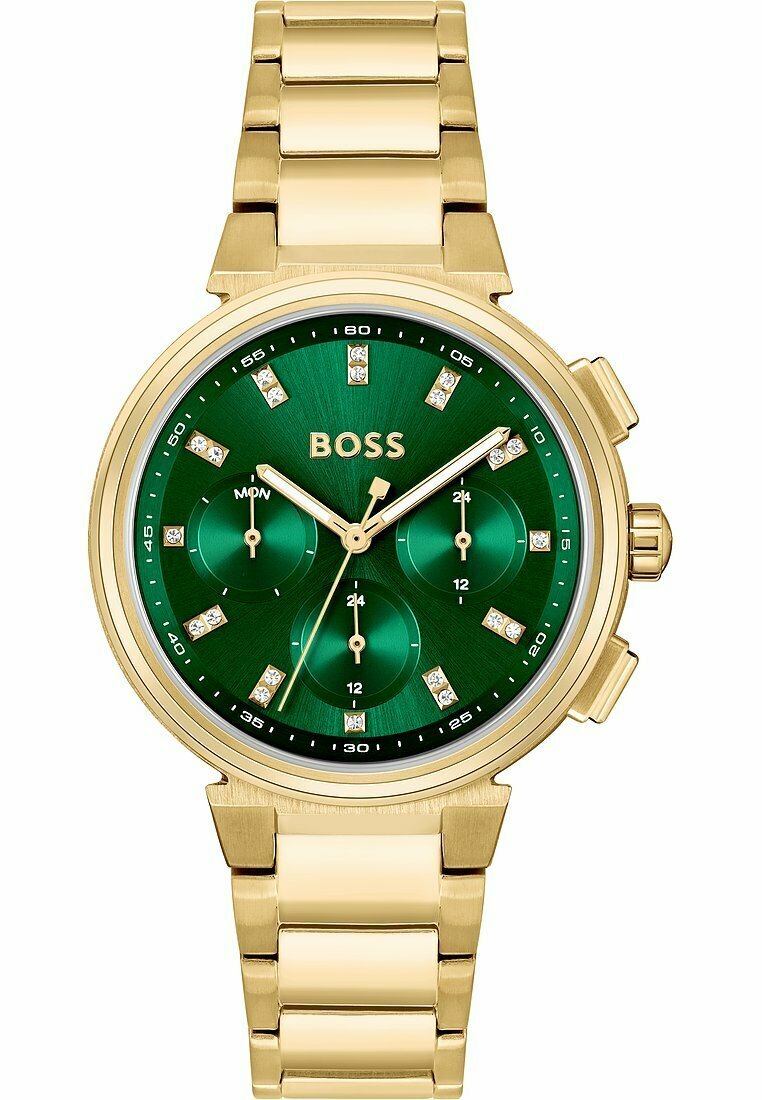 Orologio in metallo dorato con quadrante verde, tre sotto-quadranti, indicatori delle ore tempestati di gemme e bracciale a maglie. Presenta il marchio BOSS.