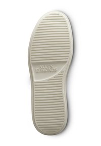 Semelle de chaussure en caoutchouc blanc présentant des rainures horizontales et verticales, avec "ALLEN EDMONDS" embossé au milieu. Surface texturée pour un meilleur grip.