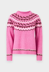 Rosa stickad tröja med rund halsringning, med en mönstrad okdel i bruna och vita zigzag-mönster. Långa ärmar med ribbade muddar.