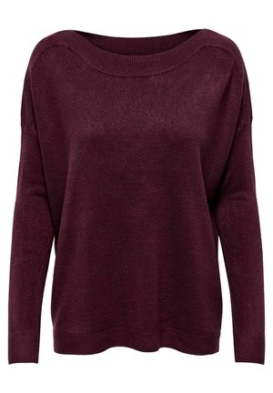 Burgunderfarbener Pullover mit weitem Ausschnitt, langen Ärmeln, gerippten Bündchen und Saum, aus weichem, strukturiertem Material gefertigt. Verfügt über eine lockere Passform.
