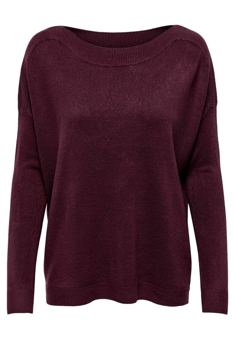 Burgunderfarbener Pullover mit weitem Ausschnitt, langen Ärmeln, gerippten Bündchen und Saum, aus weichem, strukturiertem Material gefertigt. Verfügt über eine lockere Passform.