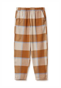 Gecontroleerde broeken in tinten bruin, beige en blauw; elastische tailleband; zijzakken; losse pasvorm; zachte stof met een gladde textuur.