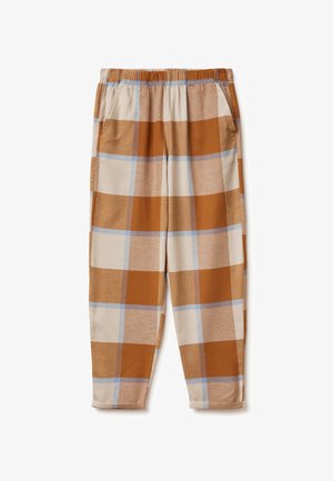 Pantalones de cuadros en tonos marrón, beige y azul; cinturilla elástica; bolsillos laterales; corte relajado; tejido suave con textura lisa.