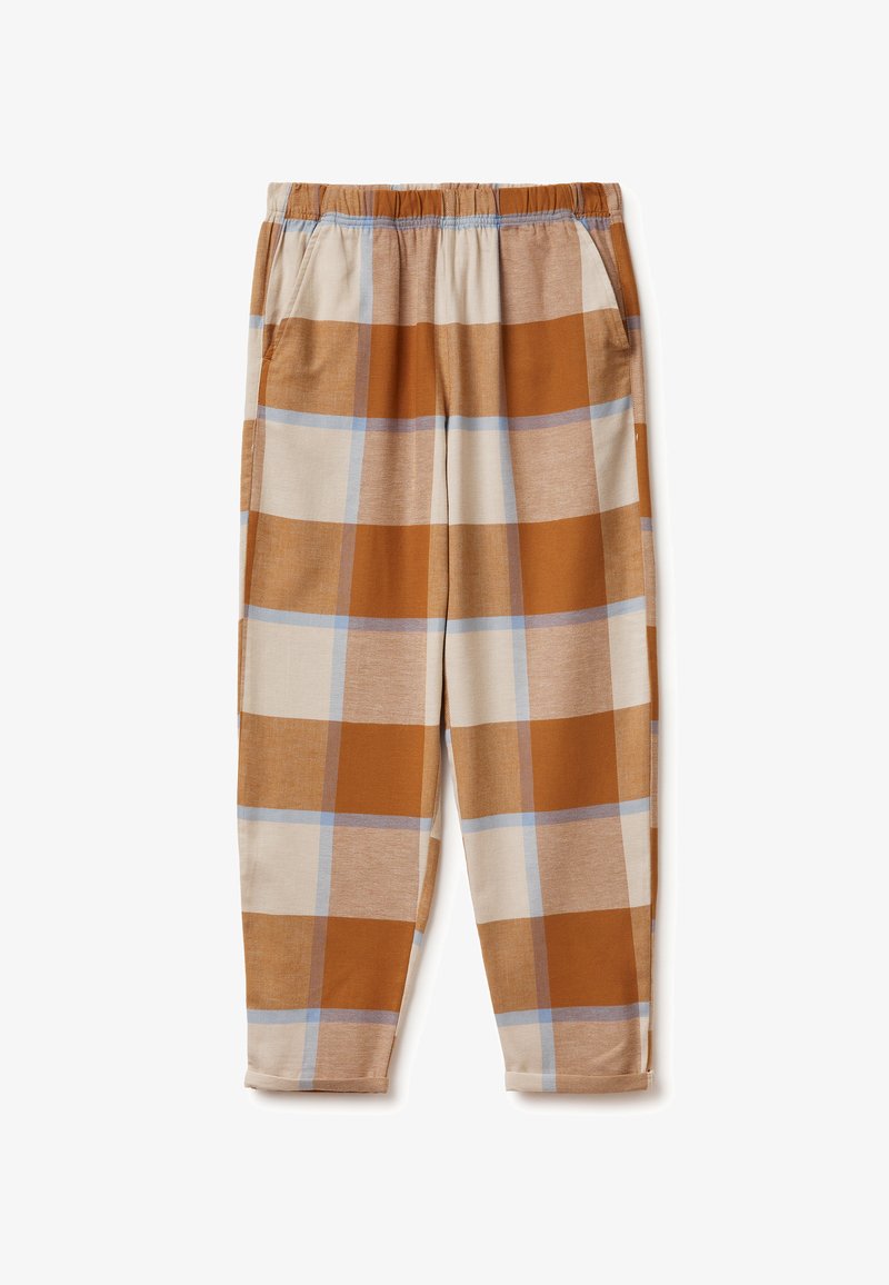 Kárované kalhoty v odstínech hnědé, béžové a modré; elastický pas; boční kapsy; volný střih; měkká látka s hladkým povrchem.