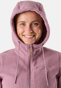 Fleece hoodie in lichtroze met een ritssluiting, trekkoordcapuchon en textuurstof. Heeft een logo op de borst en een gevoerde binnenkant.