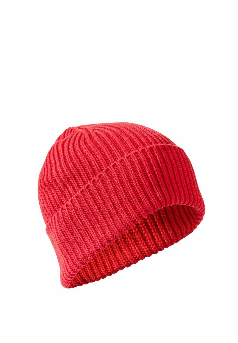 Rode gebreide beanie met ribbelstructuur, voorzien van een opgerolde rand. Zacht, warm materiaal in gedurfde scharlaken kleur. Klassieke ronde vorm.