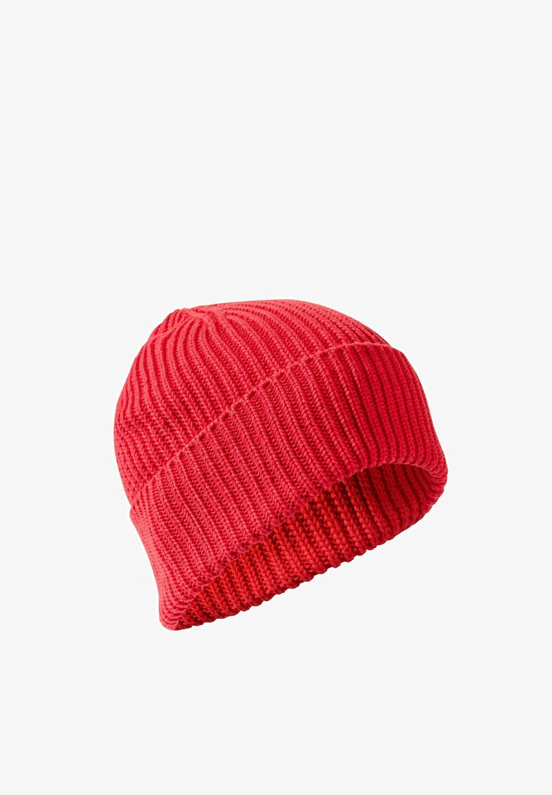 Rød strikket beanie med ribbet tekstur, med en foldet manchet. Blødt, varmt materiale i en dristig krimson farve. Klassisk rund form.
