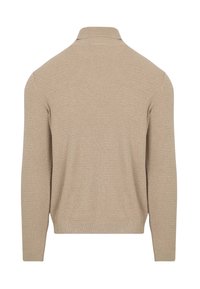 Beige gestrickter Pullover mit langen Ärmeln, subtiler Struktur, gerippten Bündchen, Saum und umgeschlagenem Kragen, von hinten gezeigt.