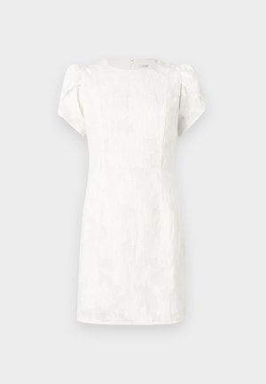 Baltos spalvos trumpomis rankovėmis suknelė su tekstūruotu gėlių raštu, aptempta siluetu ir užtrauktuku nugaroje, su minkštomis pūstomis rankovėmis.