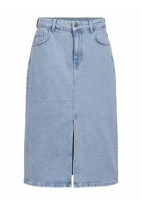 Jupe en denim bleu clair avec une fente à l'avant, longueur mi-mollet, cinq poches et une fermeture à bouton à la taille.