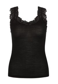 Canotta nera a coste con scollatura rifinita in pizzo e spalline larghe. Tessuto morbido con forma aderente, caratterizzata da un design in pizzo a zig zag.
