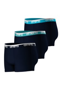 Trois paires de boxers navy avec des ceintures contrastées turquoise arborant une marque blanche, un tissu lisse et une coupe moderne.