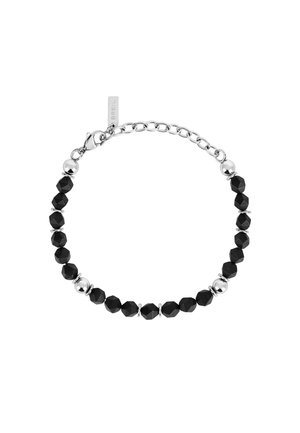 Perle nere sfaccettate intervallate da accenti in metallo argento; presenta una chiusura a catena e un piccolo cartellino inciso con "BREIL."